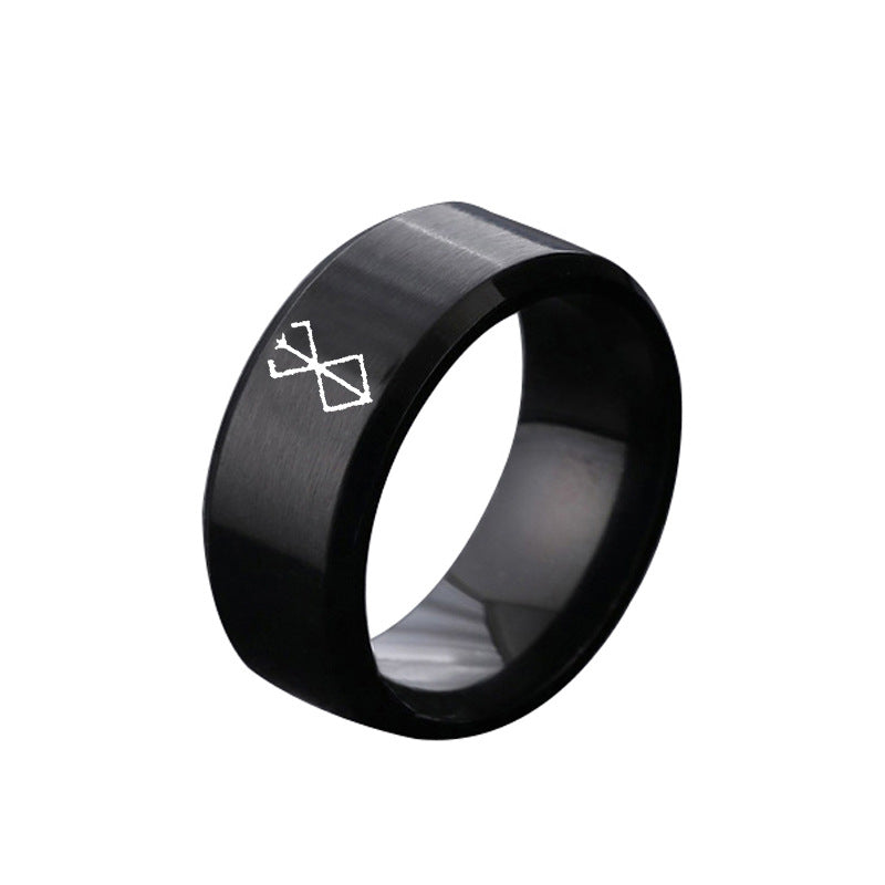 European and American Style Berserk Anime Series Laser Engraved Ring with Logo Design