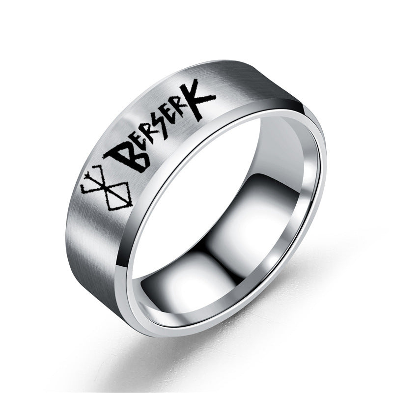 European and American Style Berserk Anime Series Laser Engraved Ring with Logo Design