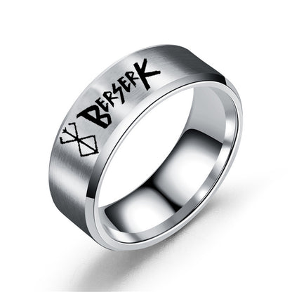 European and American Style Berserk Anime Series Laser Engraved Ring with Logo Design