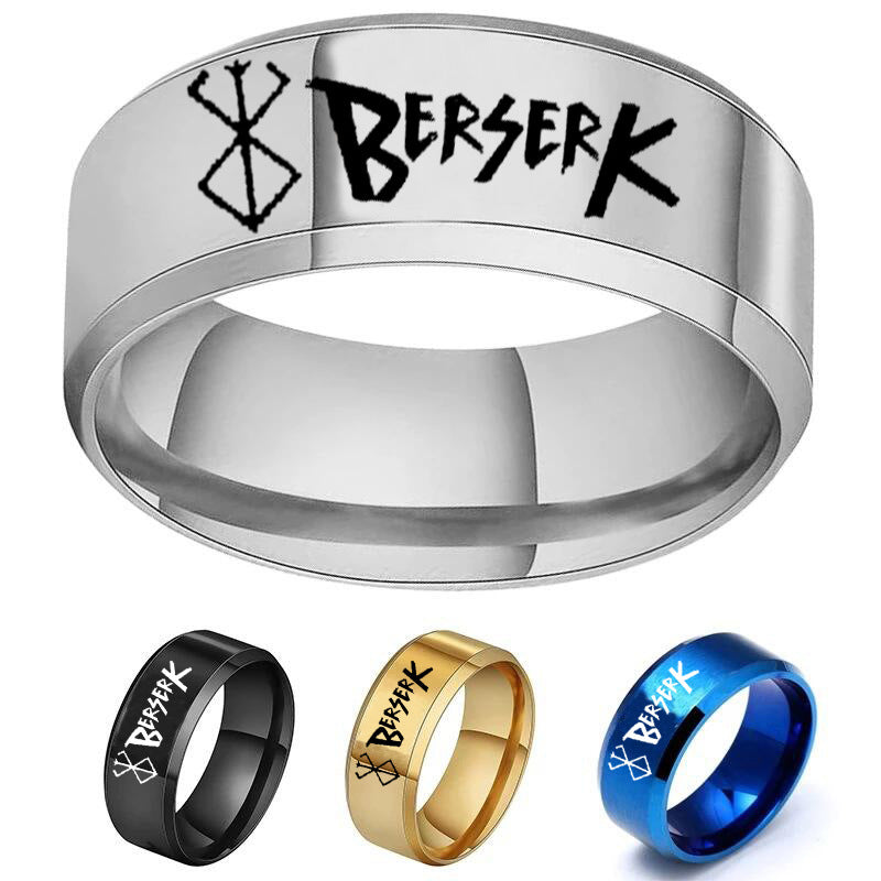 European and American Style Berserk Anime Series Laser Engraved Ring with Logo Design