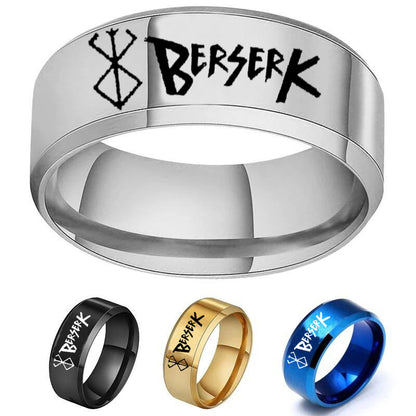 European and American Style Berserk Anime Series Laser Engraved Ring with Logo Design
