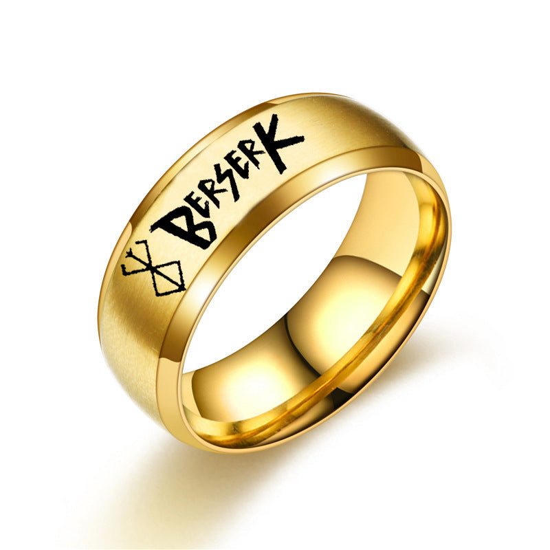 European and American Style Berserk Anime Series Laser Engraved Ring with Logo Design