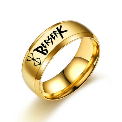 European and American Style Berserk Anime Series Laser Engraved Ring with Logo Design